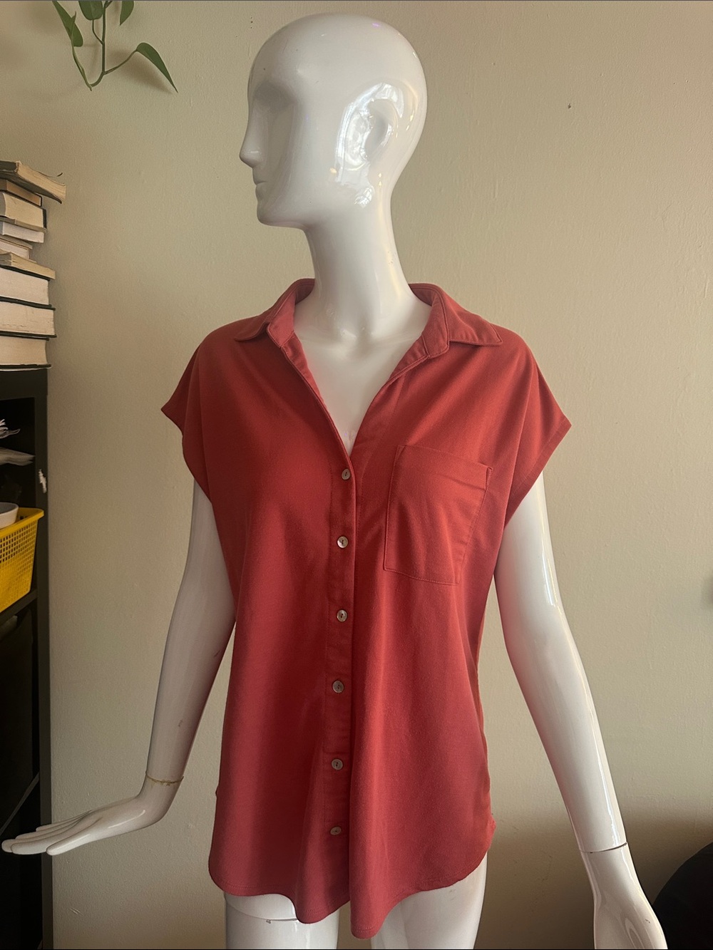 Simons Terracotta Button-Front Cap Sleeve Shirt